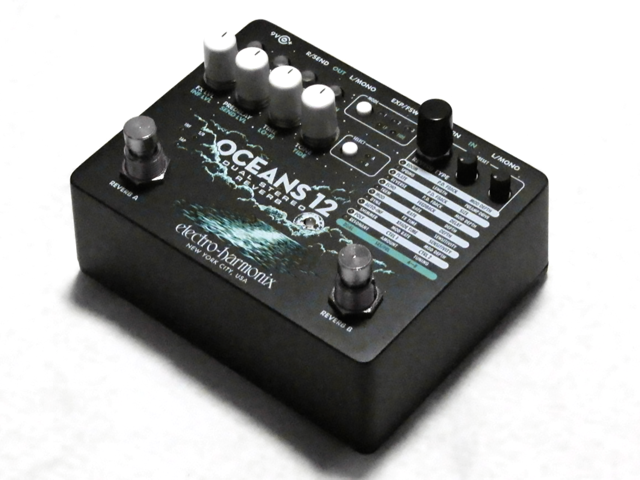 EHX Oceans 12 reverb pedal — angled view showing knobs and reverb type list