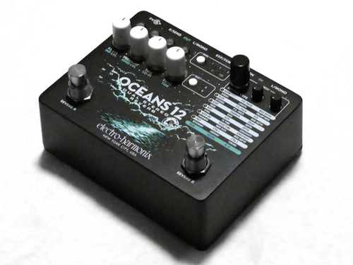 EHX Oceans 12 reverb pedal — angled view showing knobs and reverb type list