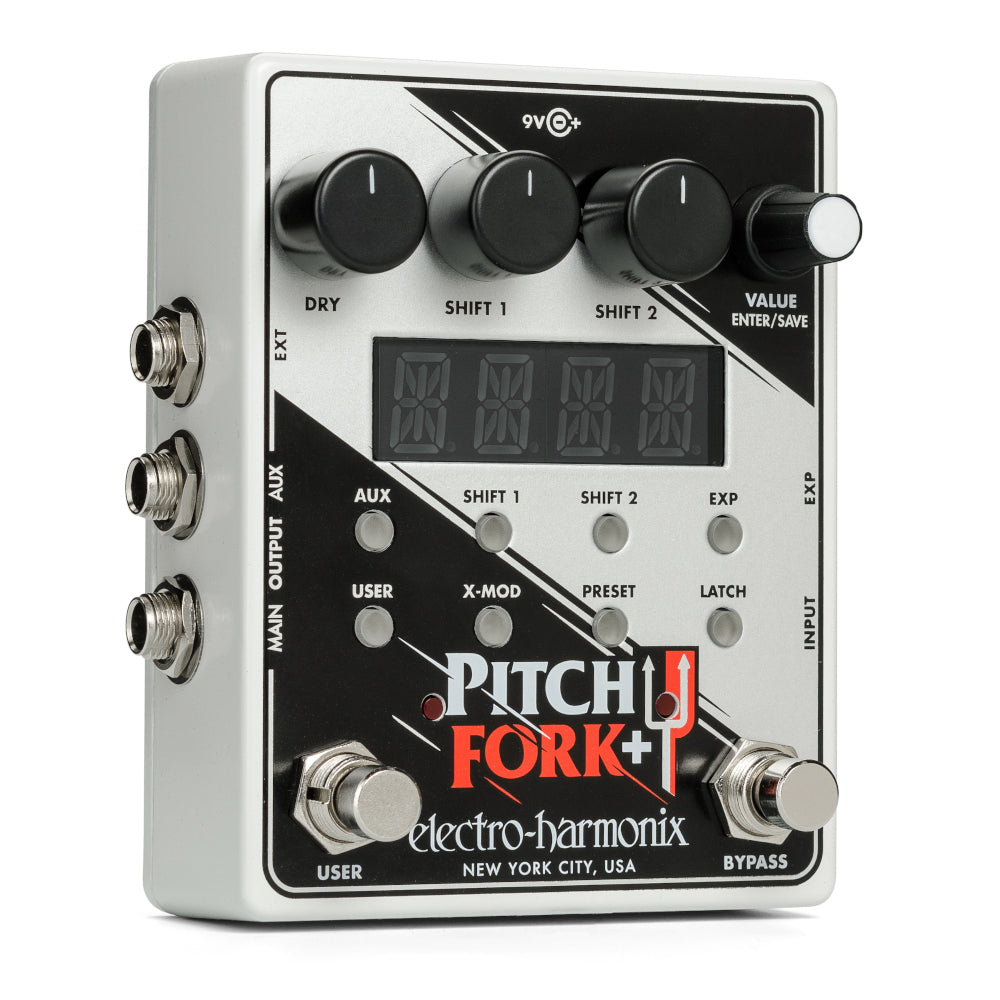 EHX Pitch Fork + Plus pitch shifter pedal showing controls and display