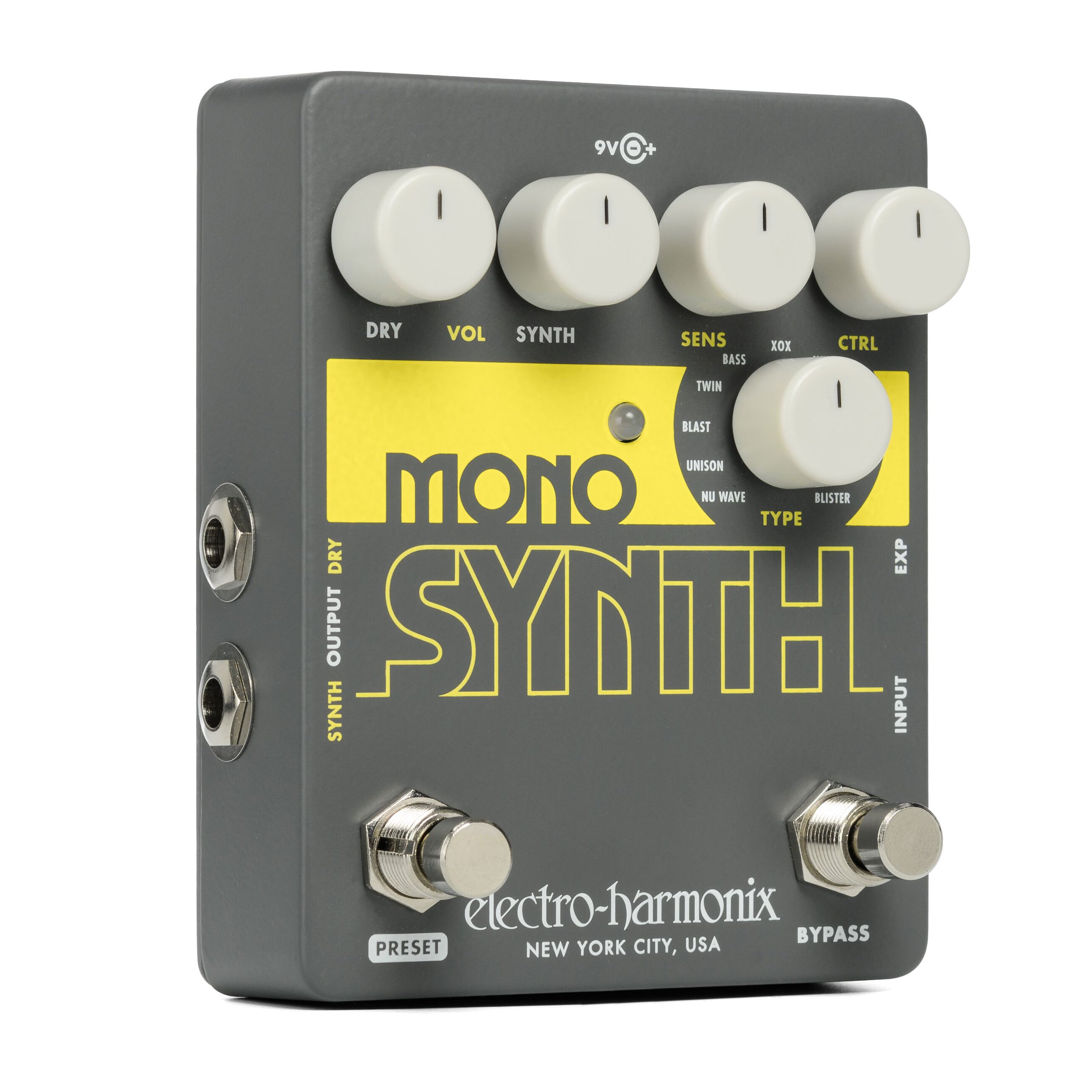 EHX Mono Synth synthesizer pedal — front angle showing TYPE selector