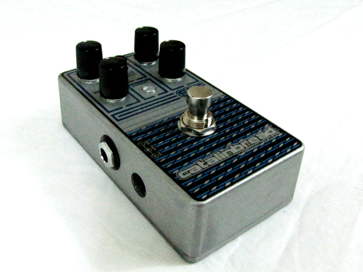 Catalinbread SFT Ampeg overdrive pedal - silver enclosure angled side view with jacks