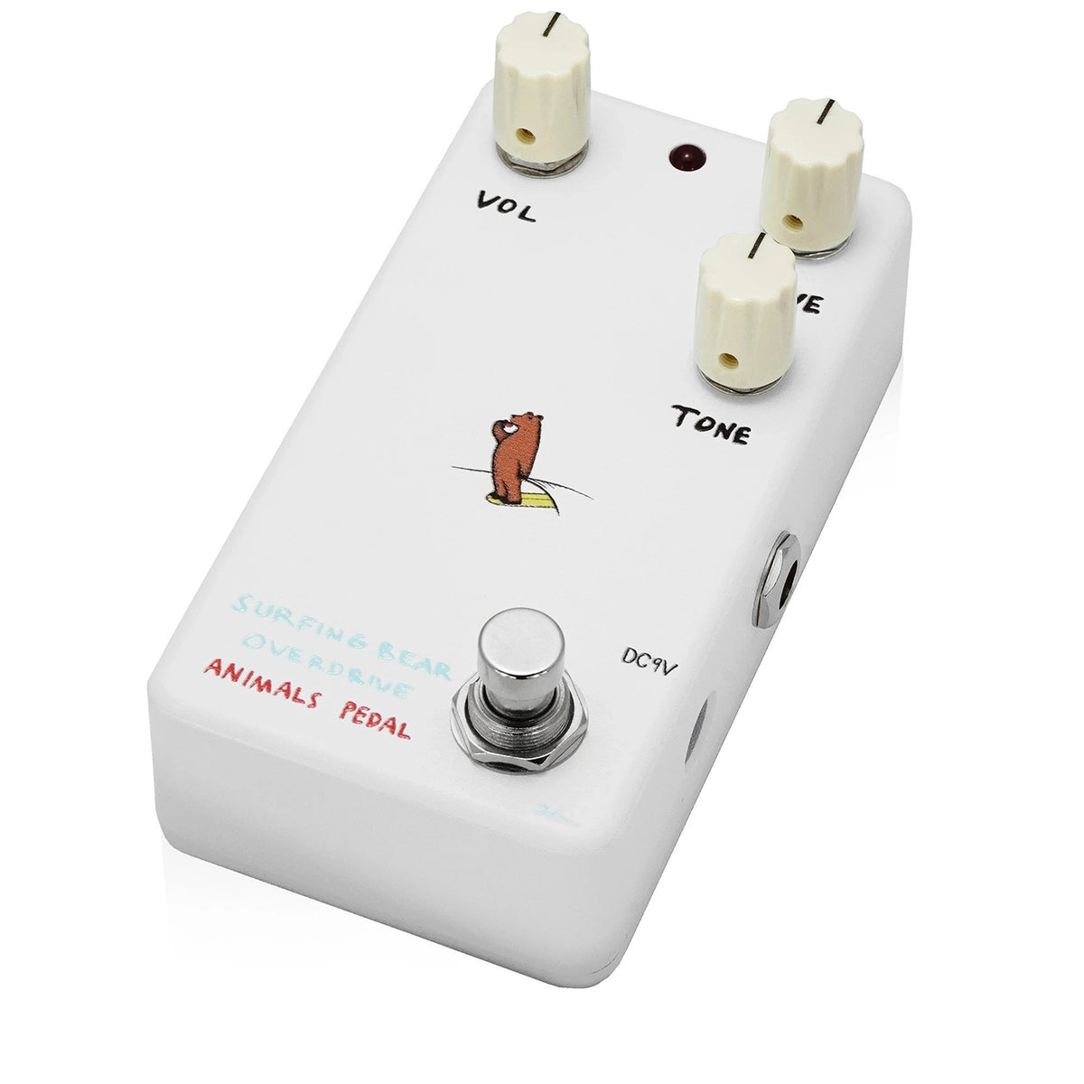 Animals Pedal Surfing Bear Overdrive V2 — white enclosure angled view with VOL, DRIVE, TONE knobs