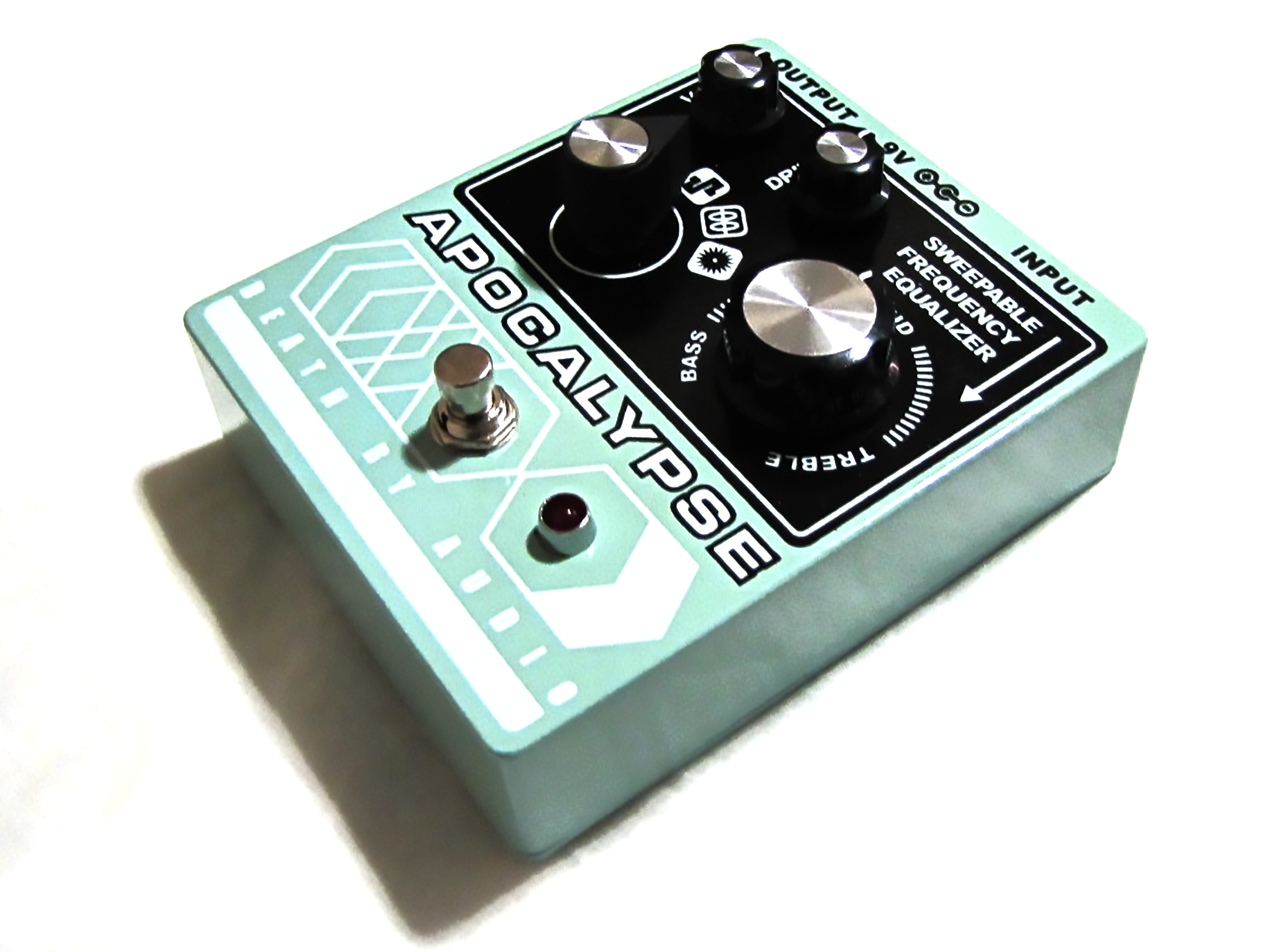 Death By Audio Apocalypse fuzz pedal — green enclosure, angled view