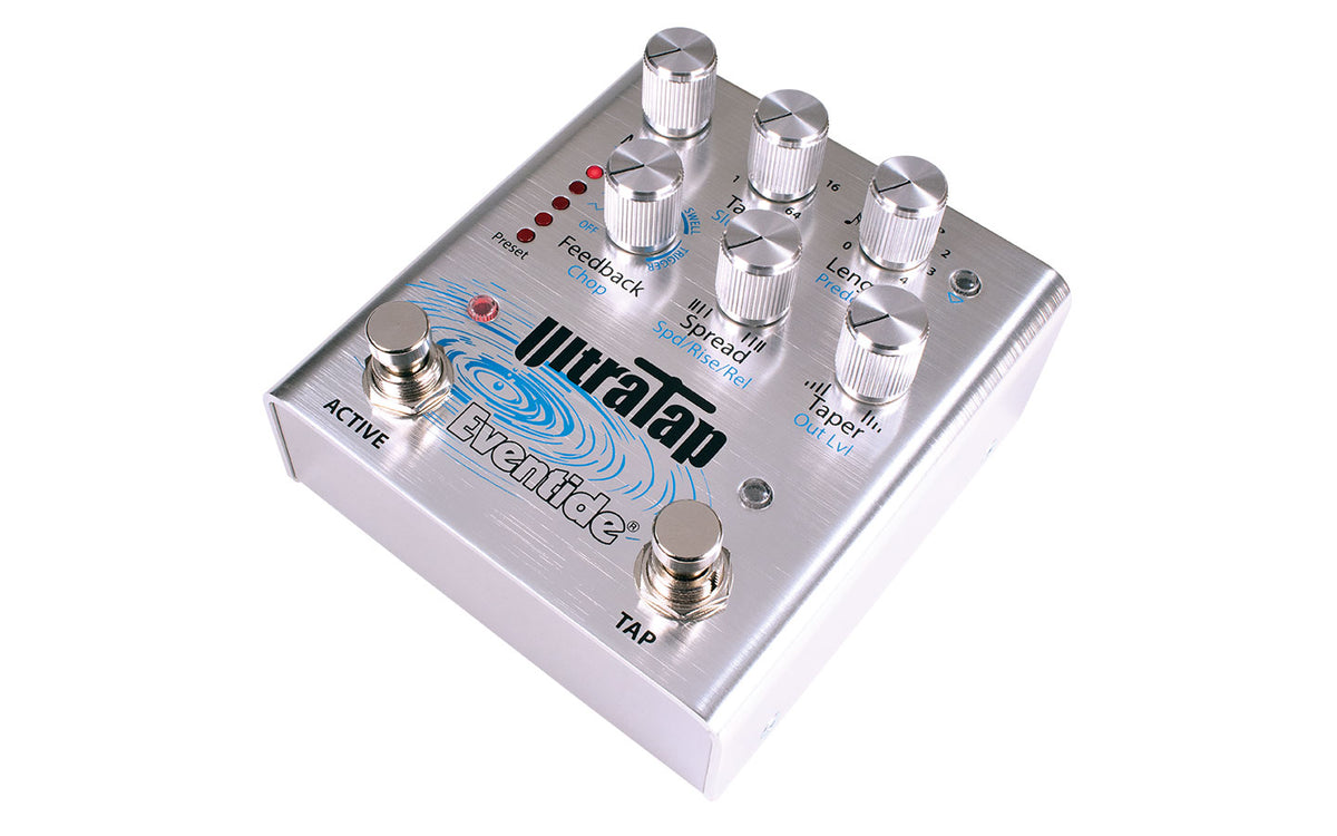 Eventide UltraTap delay pedal — silver enclosure, angled side view showing footswitches
