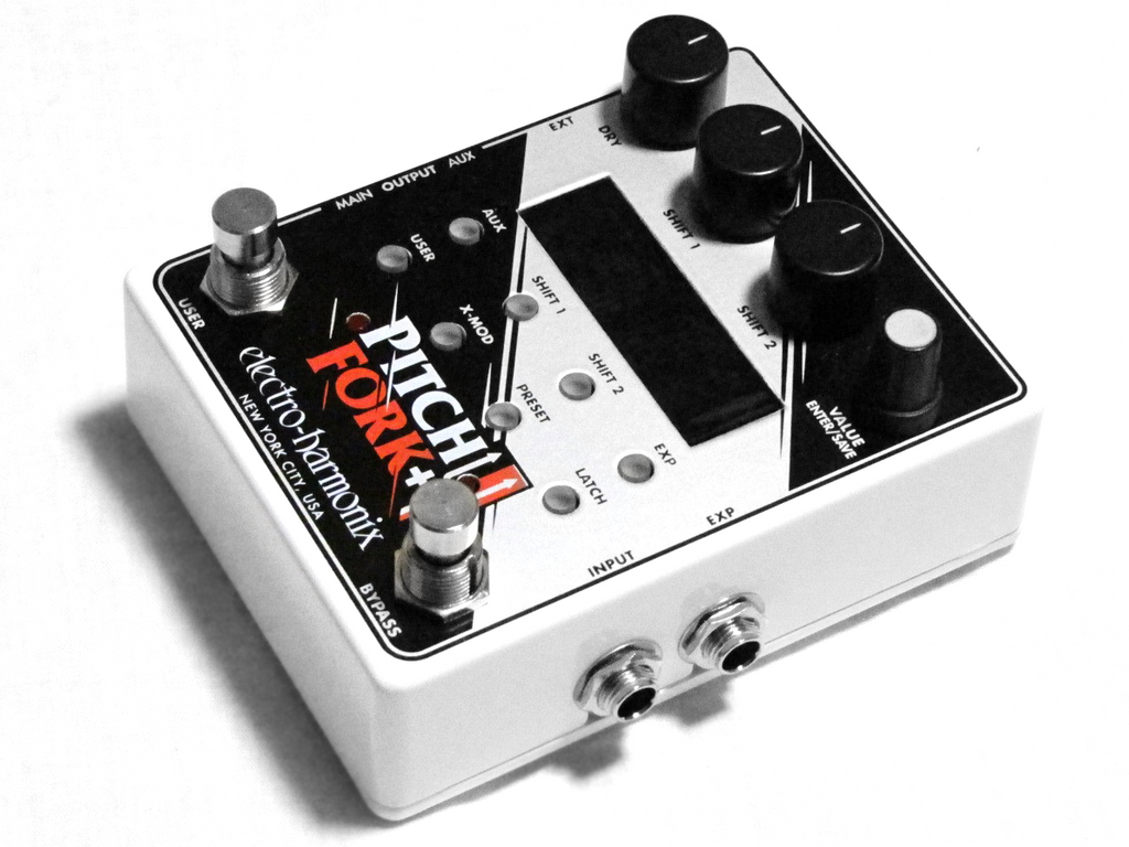 Electro-Harmonix Pitch Fork Plus pedal — white enclosure with control knobs, angled view