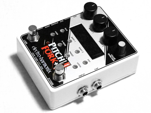 Electro-Harmonix Pitch Fork Plus pedal — white enclosure with control knobs, angled view