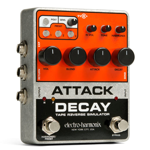 EHX Attack Decay pedal top controls: Vol, Blend, Attack, Decay knobs