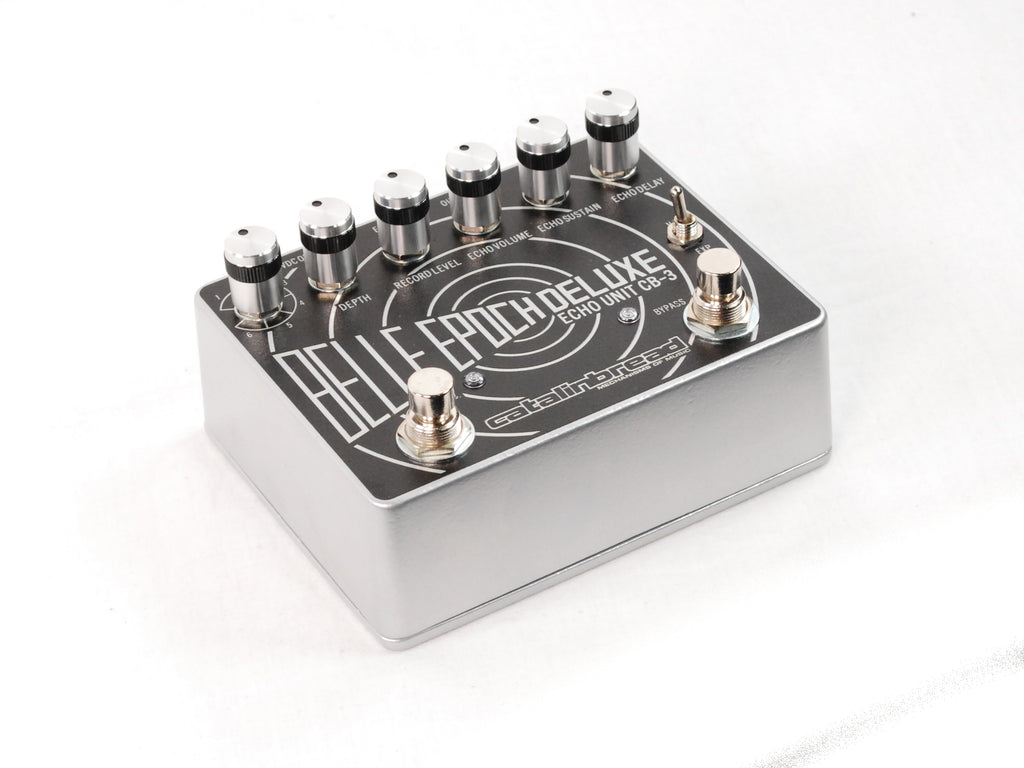 Catalinbread Belle Epoch Deluxe tape echo delay pedal — close-up of controls and footswitches