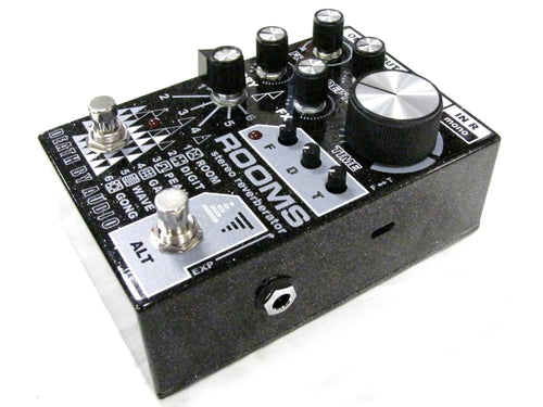 Death By Audio Rooms reverb pedal angled view with controls