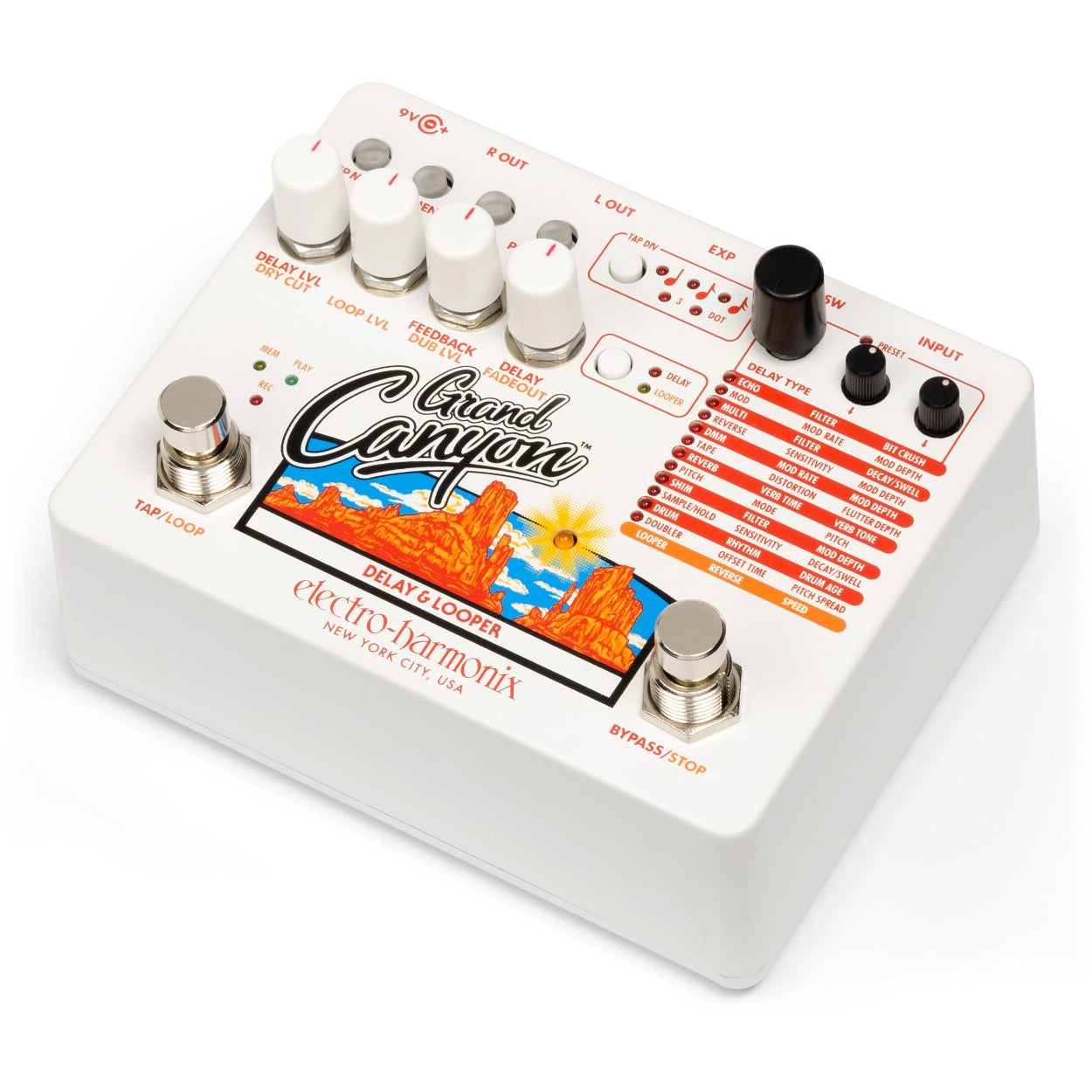 EHX Grand Canyon delay looper angle view showing 12 delay modes