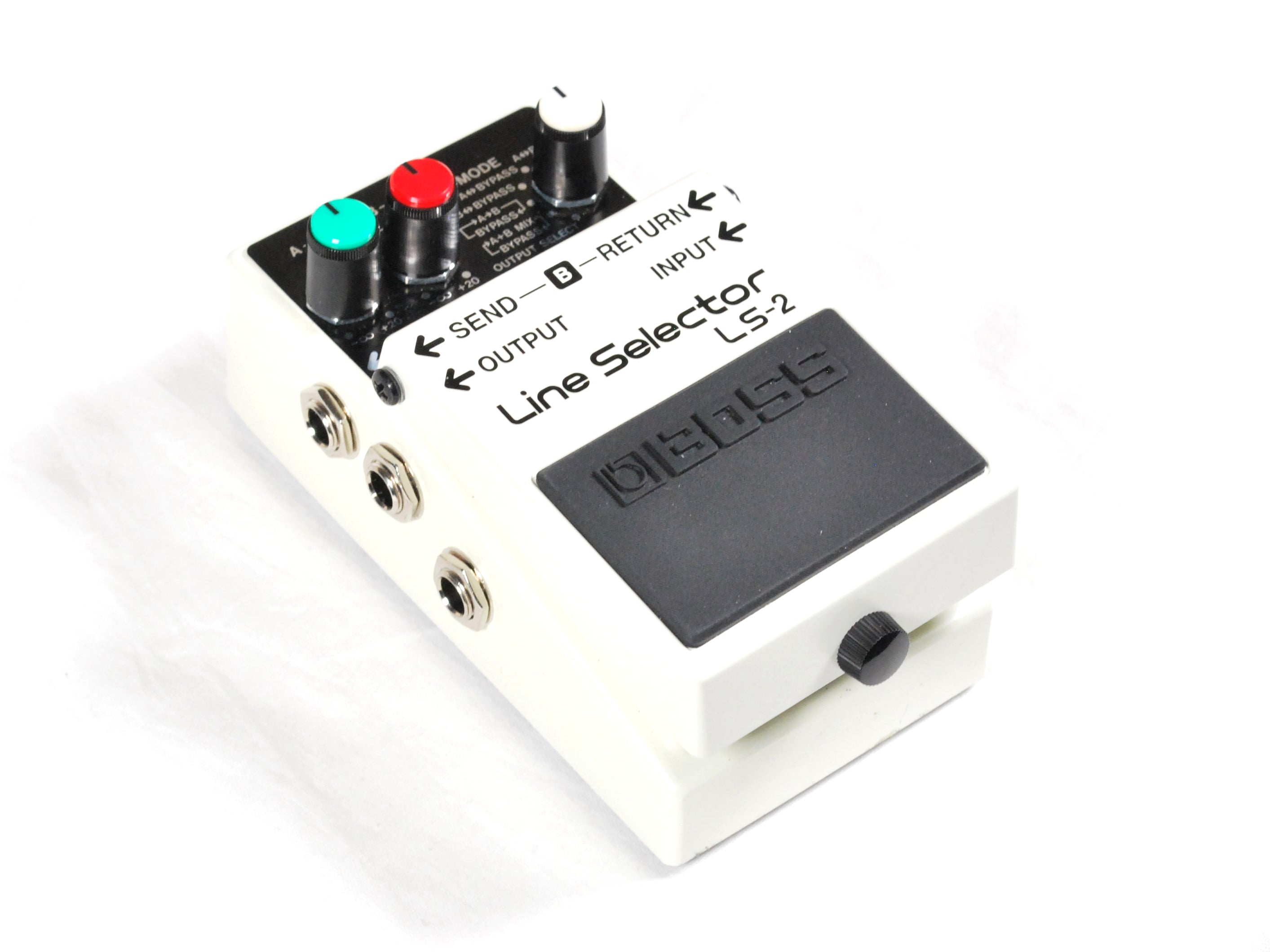 Boss LS-2 Line Selector pedal - white enclosure, side angle view