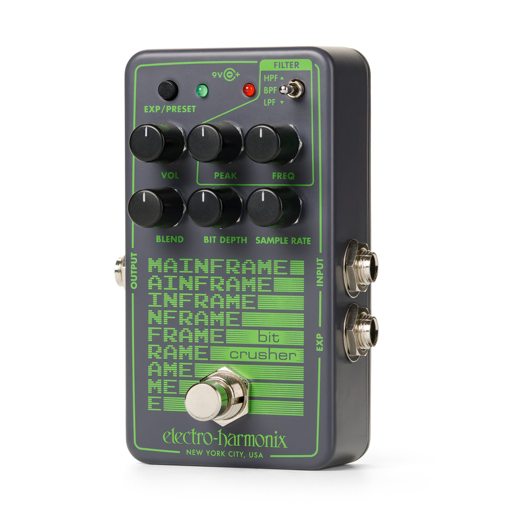 Electro-Harmonix Mainframe Bit Crusher — top panel showing Vol, Peak, Freq, Blend, Bit Depth, Sample Rate knobs