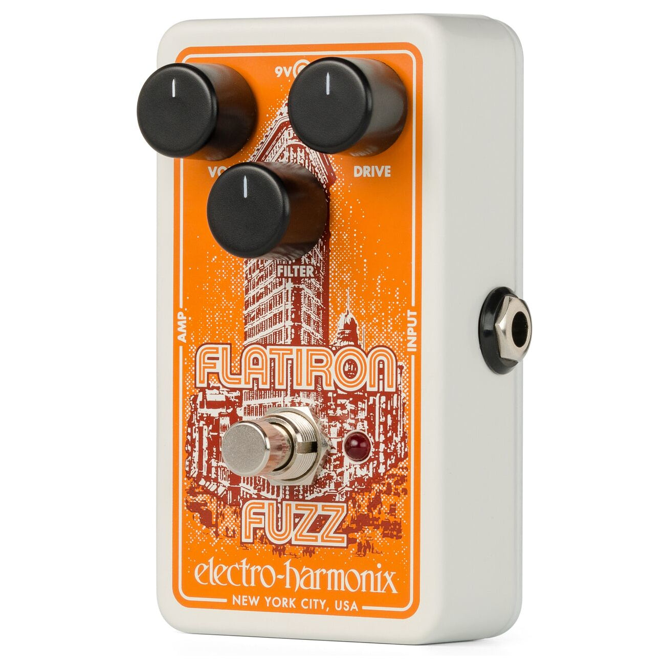 Electro-Harmonix Flatiron Fuzz distortion pedal, angled view