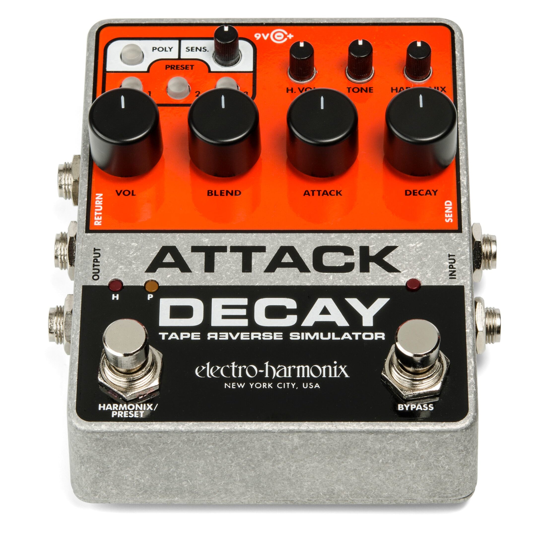 EHX Attack Decay pedal angled view showing footswitches