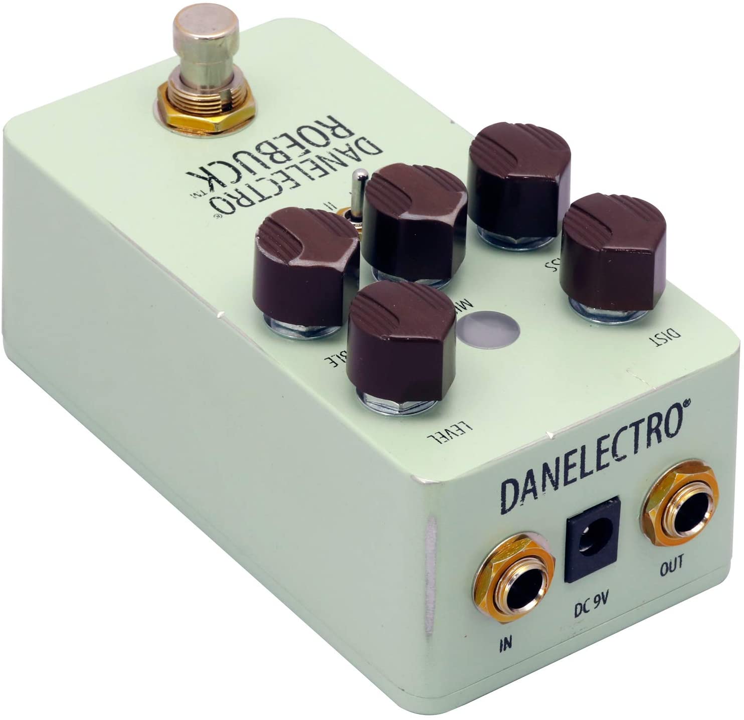 Danelectro Roebuck Distortion pedal - mint green enclosure side view
