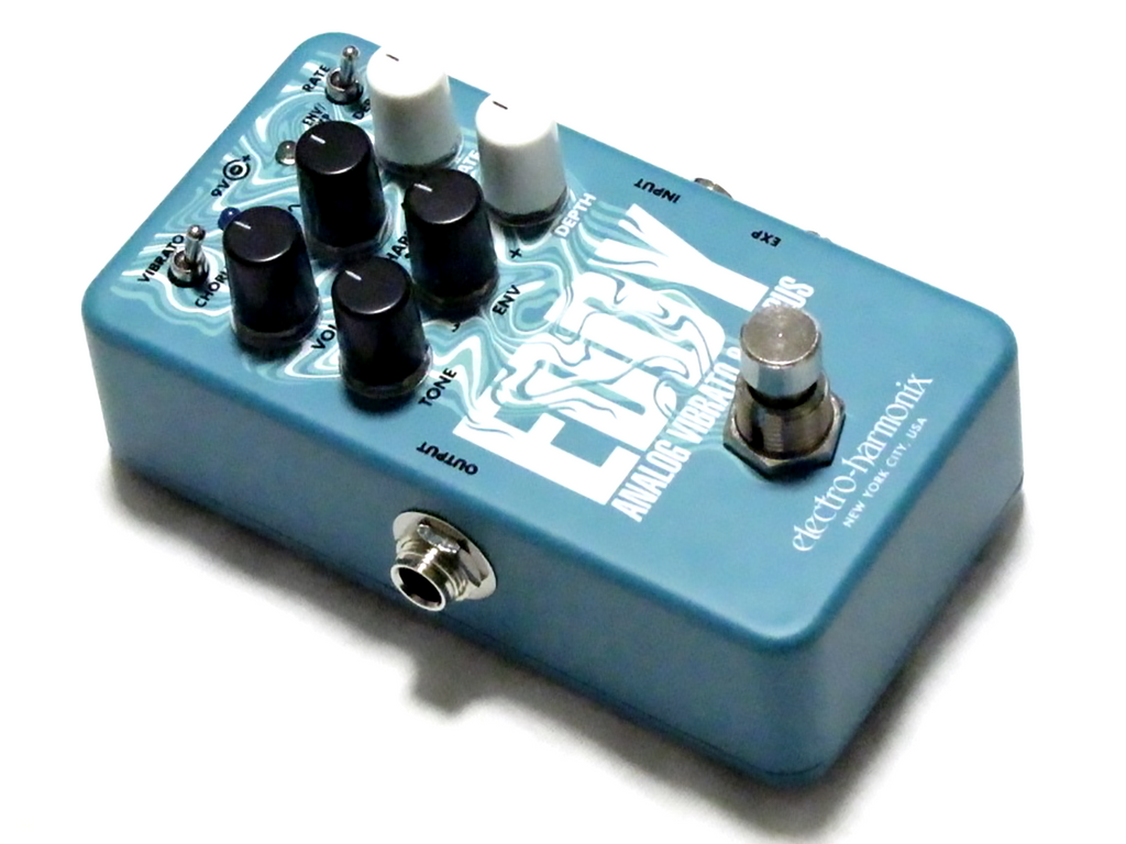 Used EHX Eddy analog modulation pedal side view with jacks