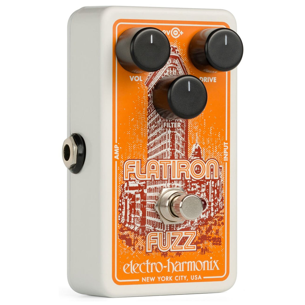 Electro-Harmonix Flatiron Fuzz pedal, side profile with input jack