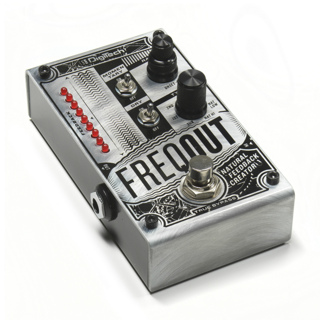 DigiTech FreqOut natural feedback creator pedal — silver, angled view