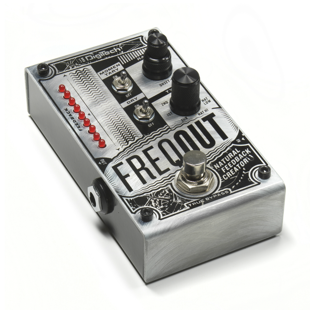 DigiTech FreqOut natural feedback creator pedal — silver, angled view
