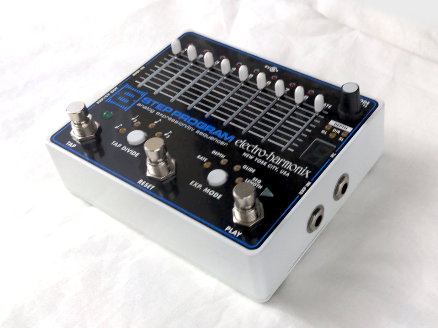 Electro-Harmonix 8 Step Program sequencer pedal — detail of footswitches and jacks