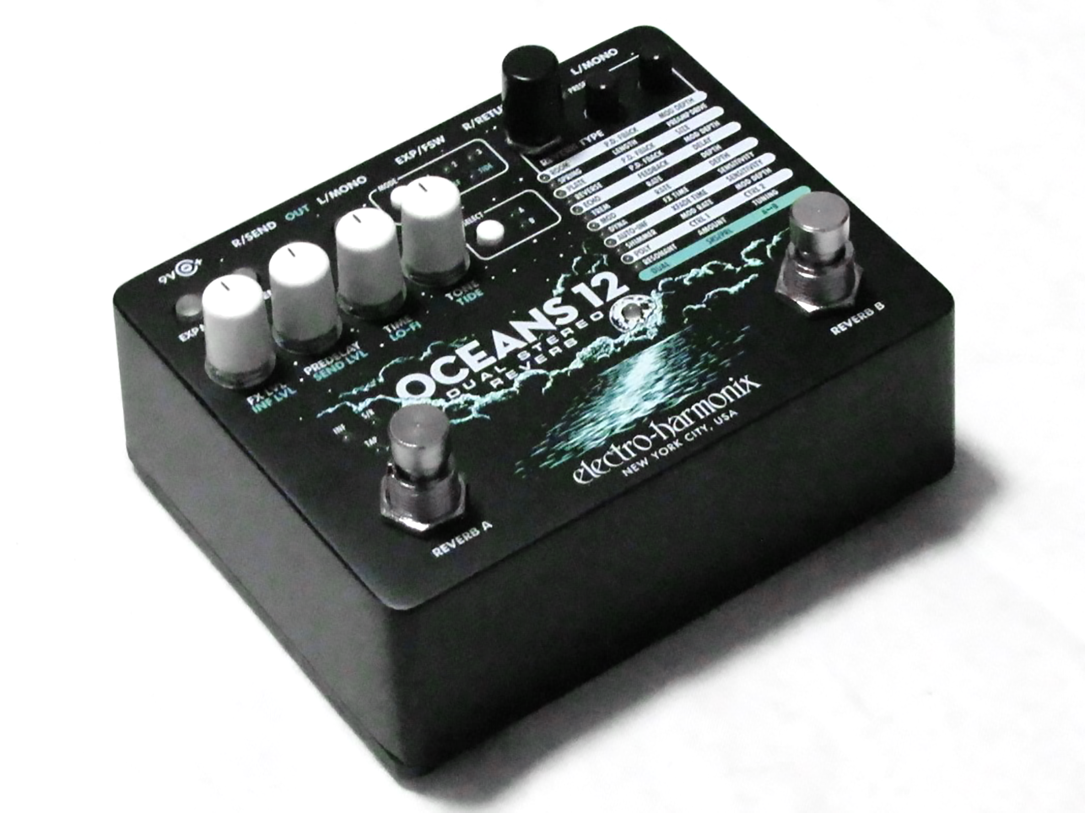 EHX Oceans 12 reverb pedal — detail view of dual footswitches and controls