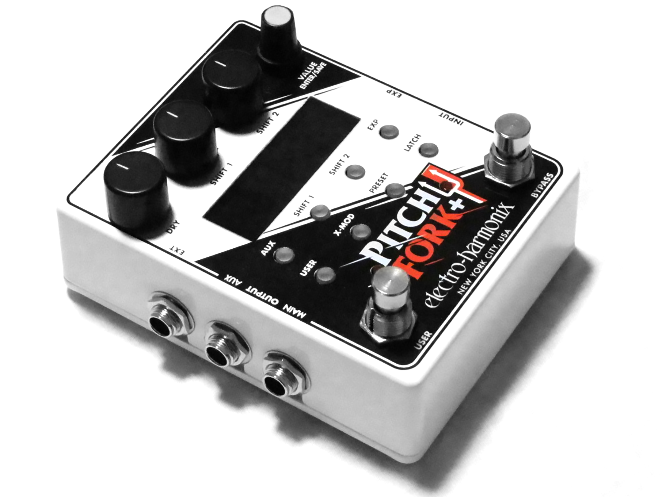Electro-Harmonix Pitch Fork Plus pedal — white enclosure side jacks detail
