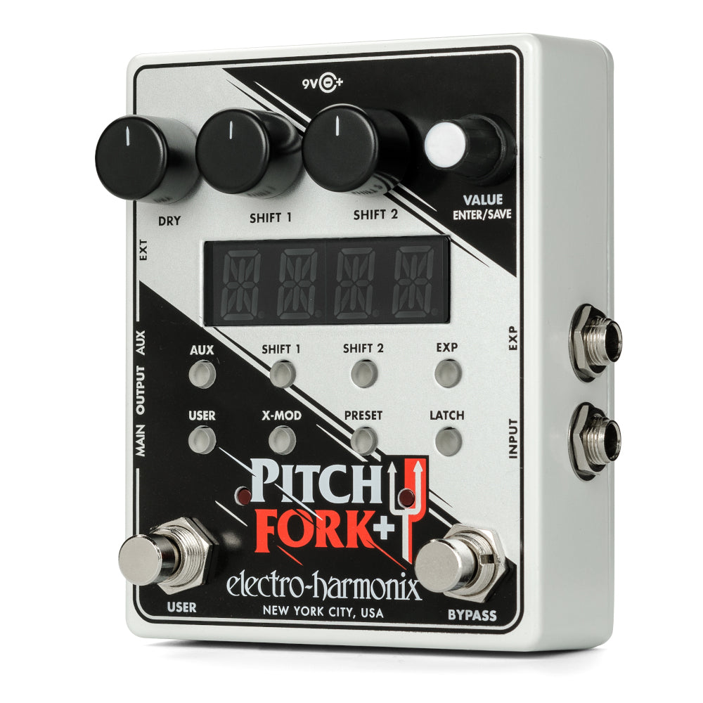 EHX Pitch Fork + Plus silver and black pitch shifter pedal, alternate view