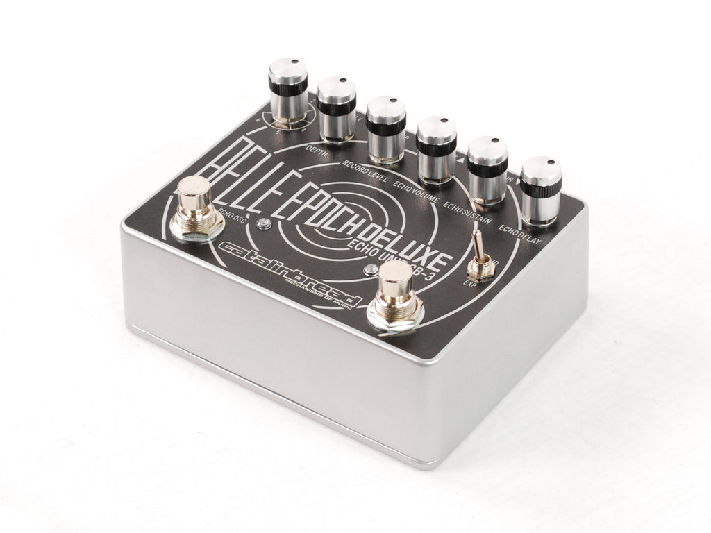 Catalinbread Belle Epoch Deluxe tape echo delay pedal — alternate angled view of black and silver enclosure