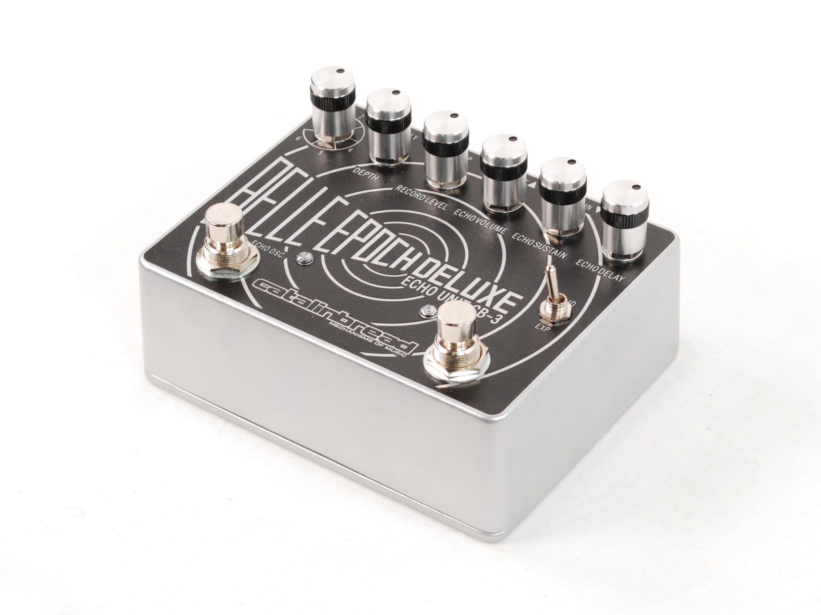 Catalinbread Belle Epoch Deluxe tape echo delay pedal — alternate angled view of black and silver enclosure