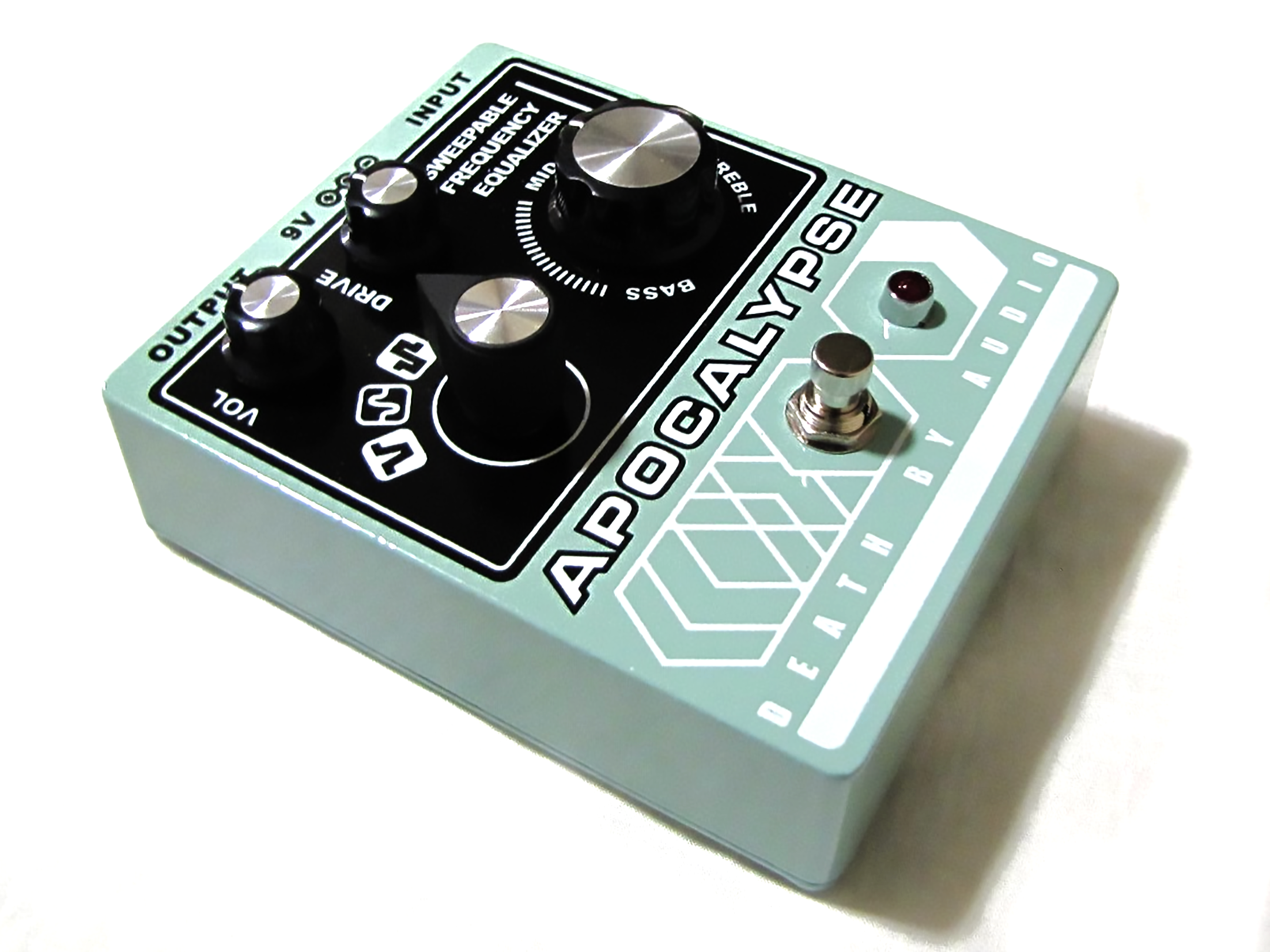 Death By Audio Apocalypse fuzz pedal — green enclosure, side profile view