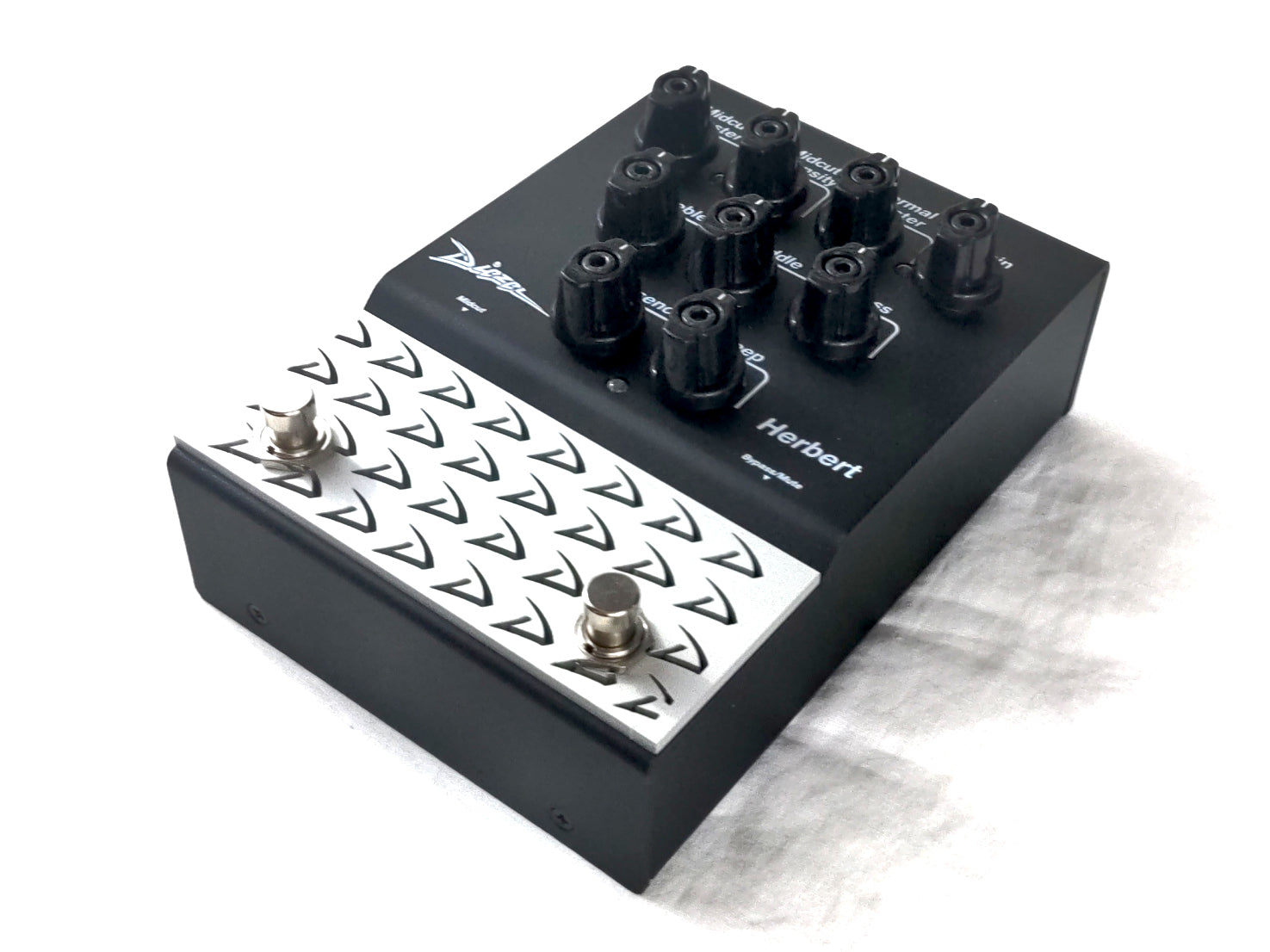 Diezel Herbert Distortion Preamp pedal — angled view showing controls and Diezel logo