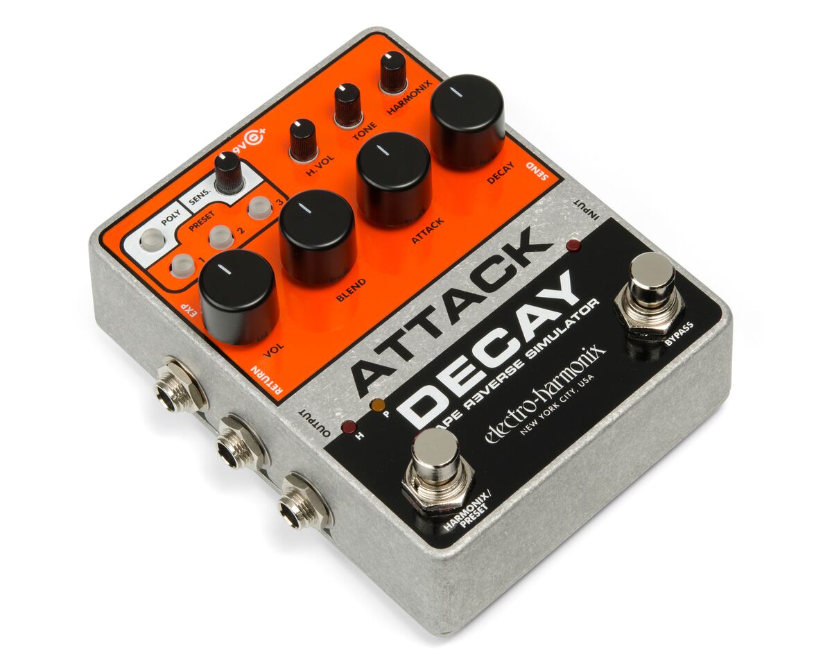 EHX Attack Decay pedal side view with input and output jacks