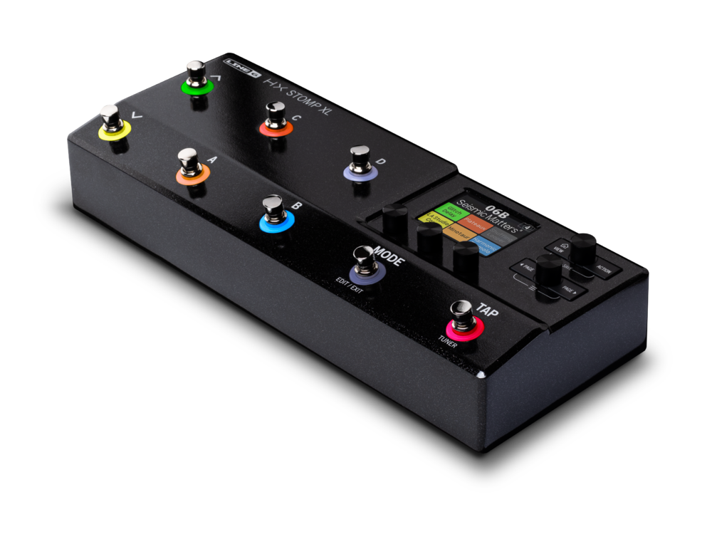 Line 6 HX Stomp XL multi-effects pedal showing eight capacitive footswitches