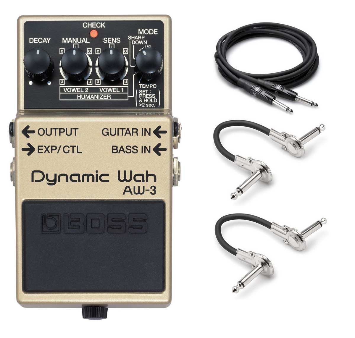 Boss AW-3 Dynamic Wah guitar pedal — cream and gray enclosure with included cables