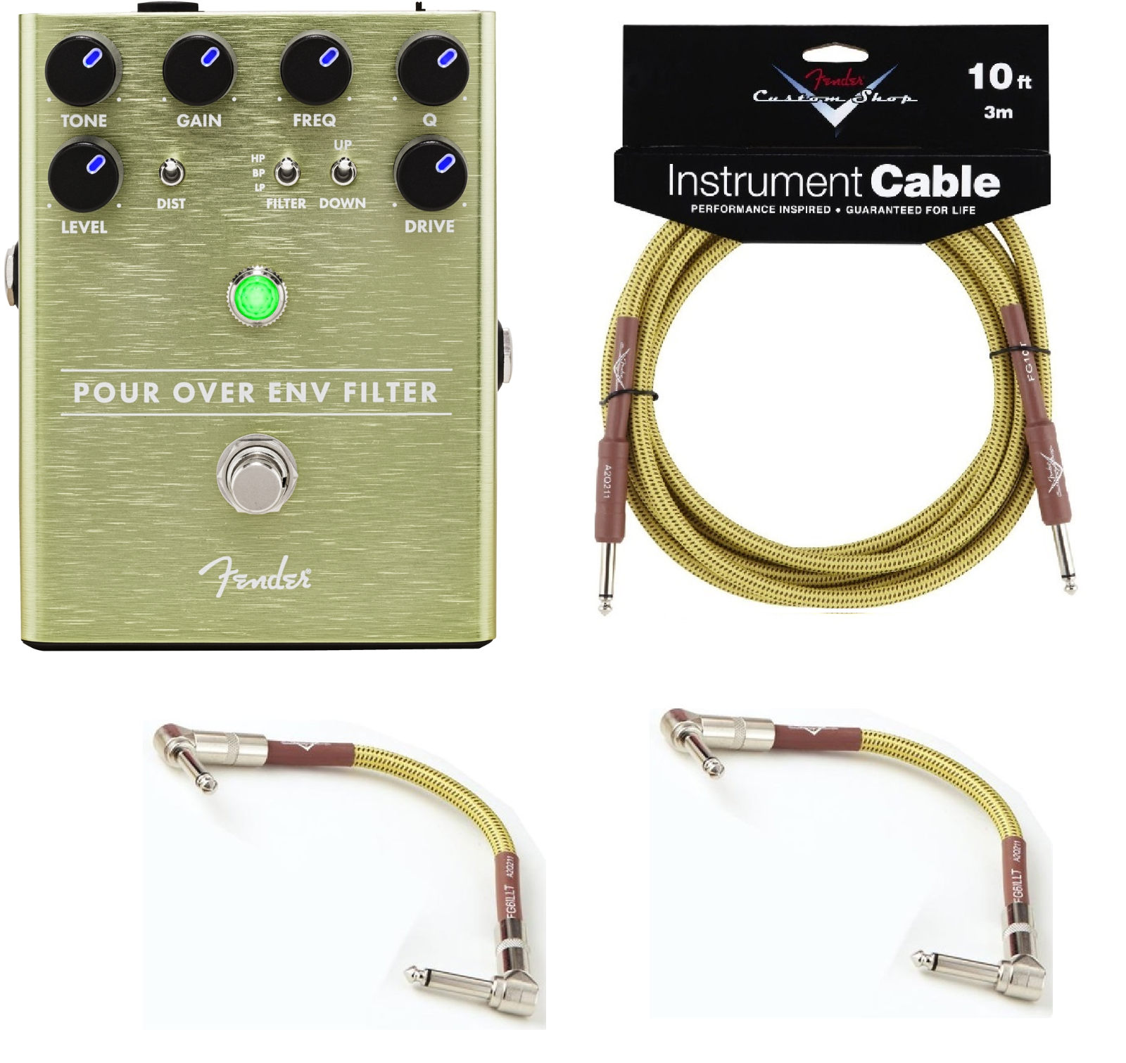 Fender Pour Over Envelope Filter pedal in green with included tweed cables