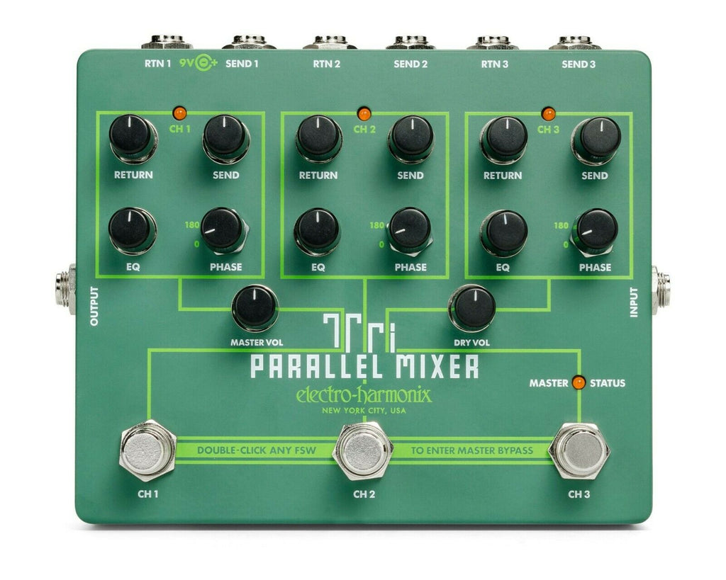 Electro-Harmonix Tri Parallel Mixer pedal, green, top view of controls and jacks