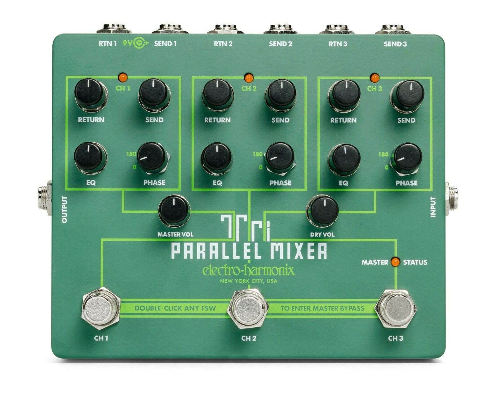 Electro-Harmonix Tri Parallel Mixer pedal, green, top view of controls and jacks