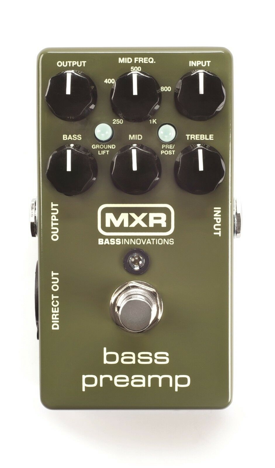 MXR M81 Bass Preamp green pedal with black knobs and Direct Out, top view