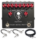 Amptweaker Tight Metal Pro II distortion pedal in black with red knobs and patch cables — top view