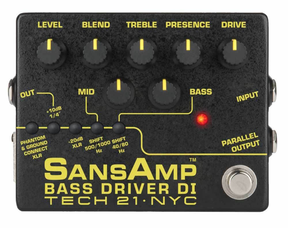 Tech 21 SansAmp Bass Driver DI V2 black bass preamp DI pedal with yellow knobs