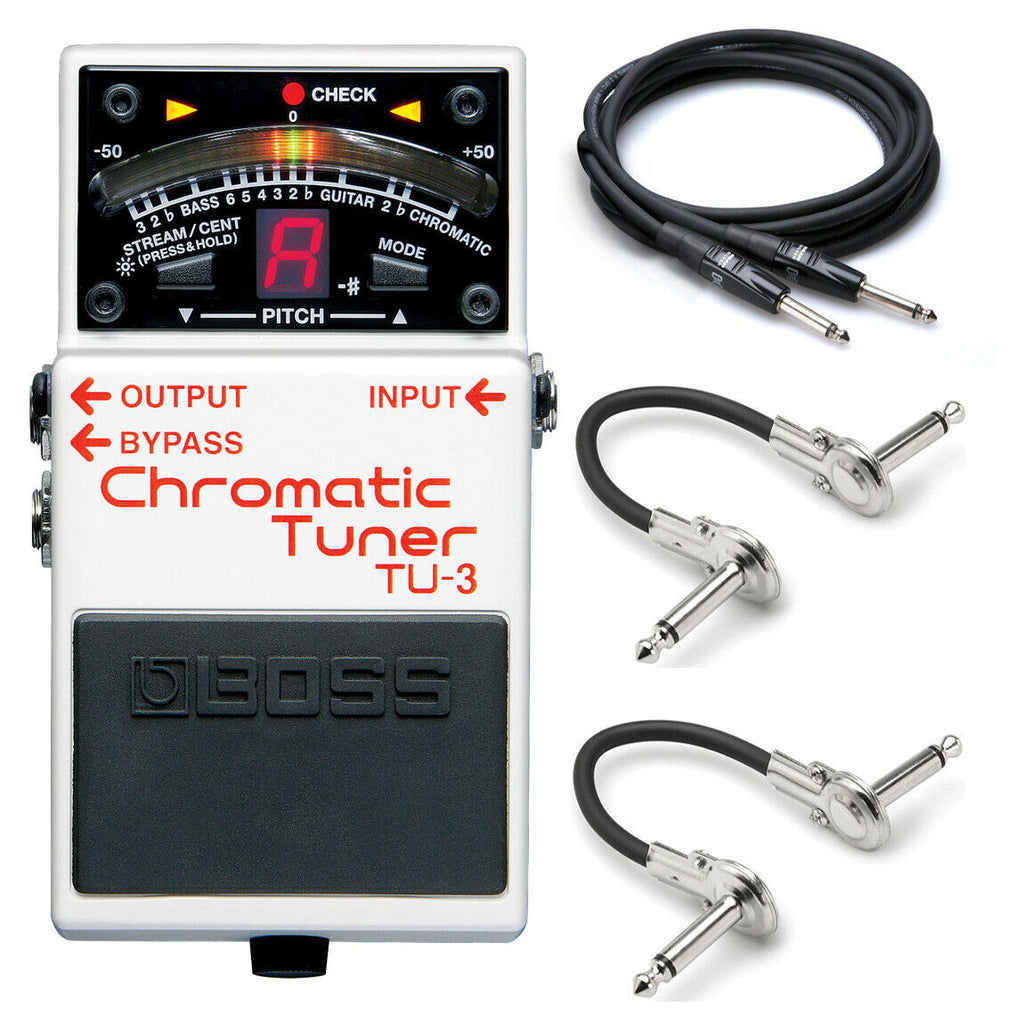 Boss TU-3 Chromatic Tuner pedal — white housing with included guitar and patch cables
