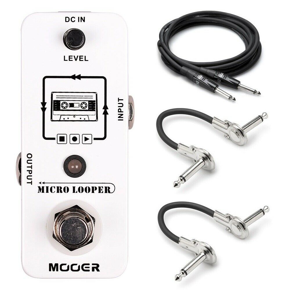 Mooer Micro Looper pedal — white micro enclosure with included cables