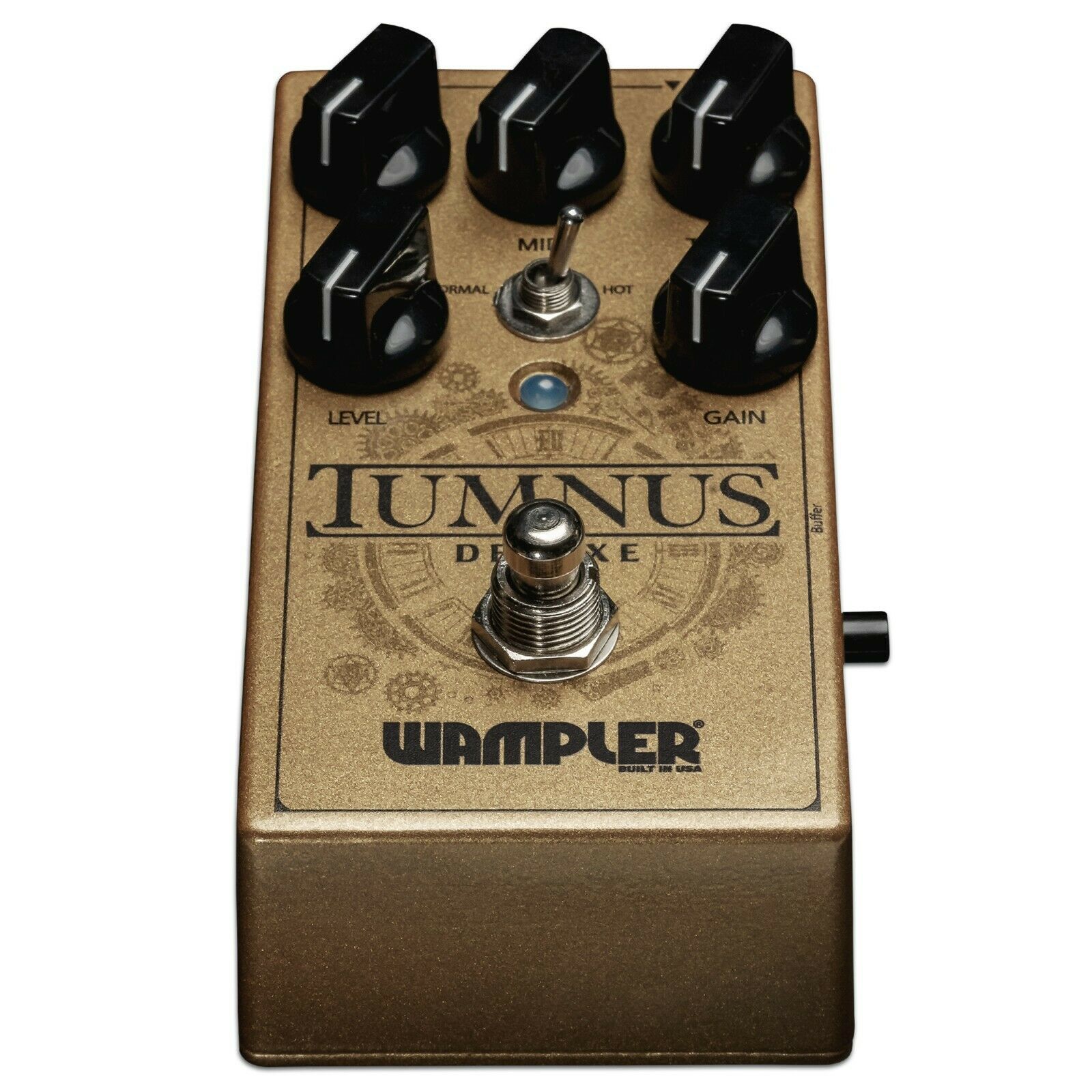 Wampler Tumnus Deluxe pedal angled view showing 3-band EQ controls