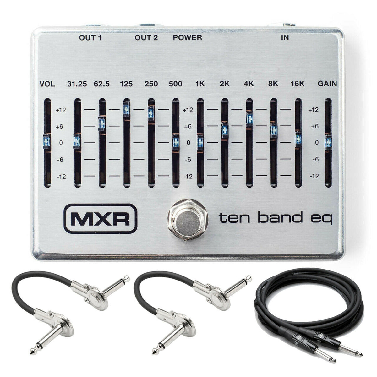 MXR M108S Ten Band EQ pedal in silver with included patch and guitar cables