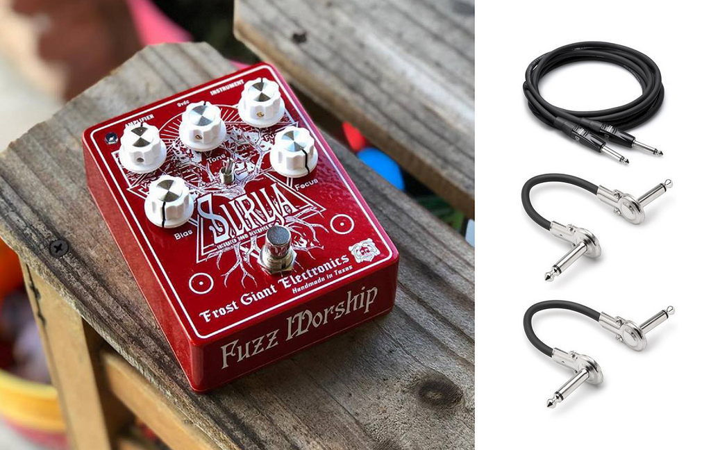 Frost Giant Electronics Surya fuzz pedal - red enclosure with bundled Hosa guitar and patch cables