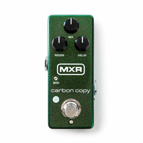MXR M299 Carbon Copy Mini analog delay guitar pedal — green sparkle enclosure with Mix, Regen and Delay knobs