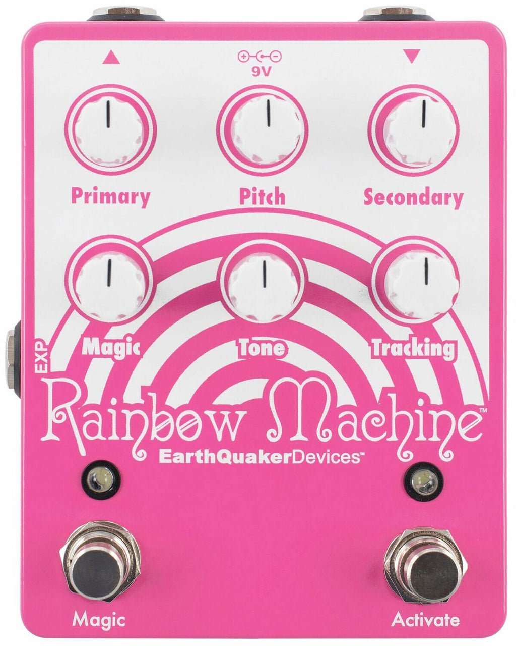 EarthQuaker Devices Rainbow Machine V2 pitch shifter pedal - front top view, pink enclosure