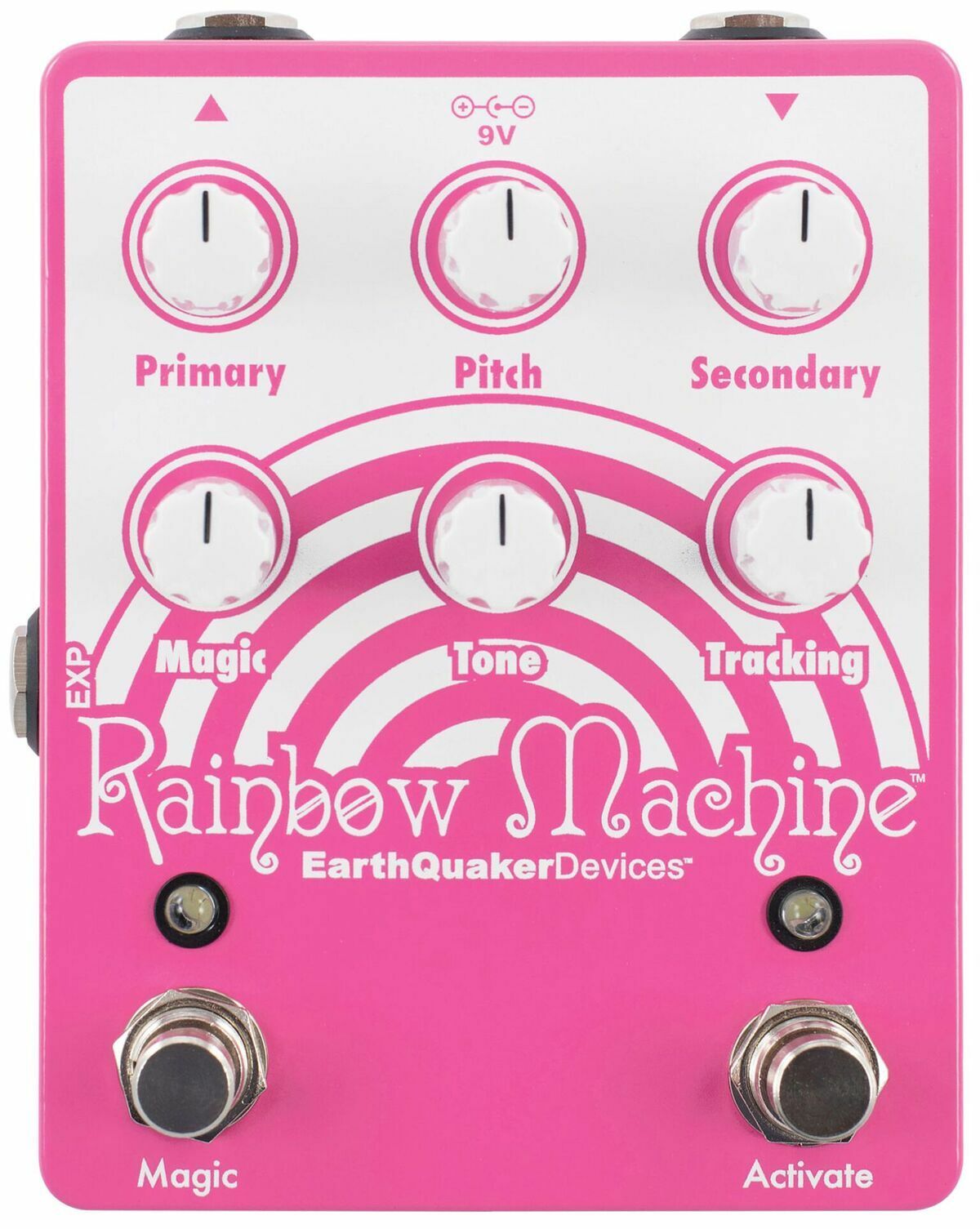 EarthQuaker Devices Rainbow Machine V2 pitch shifter pedal - front top view, pink enclosure