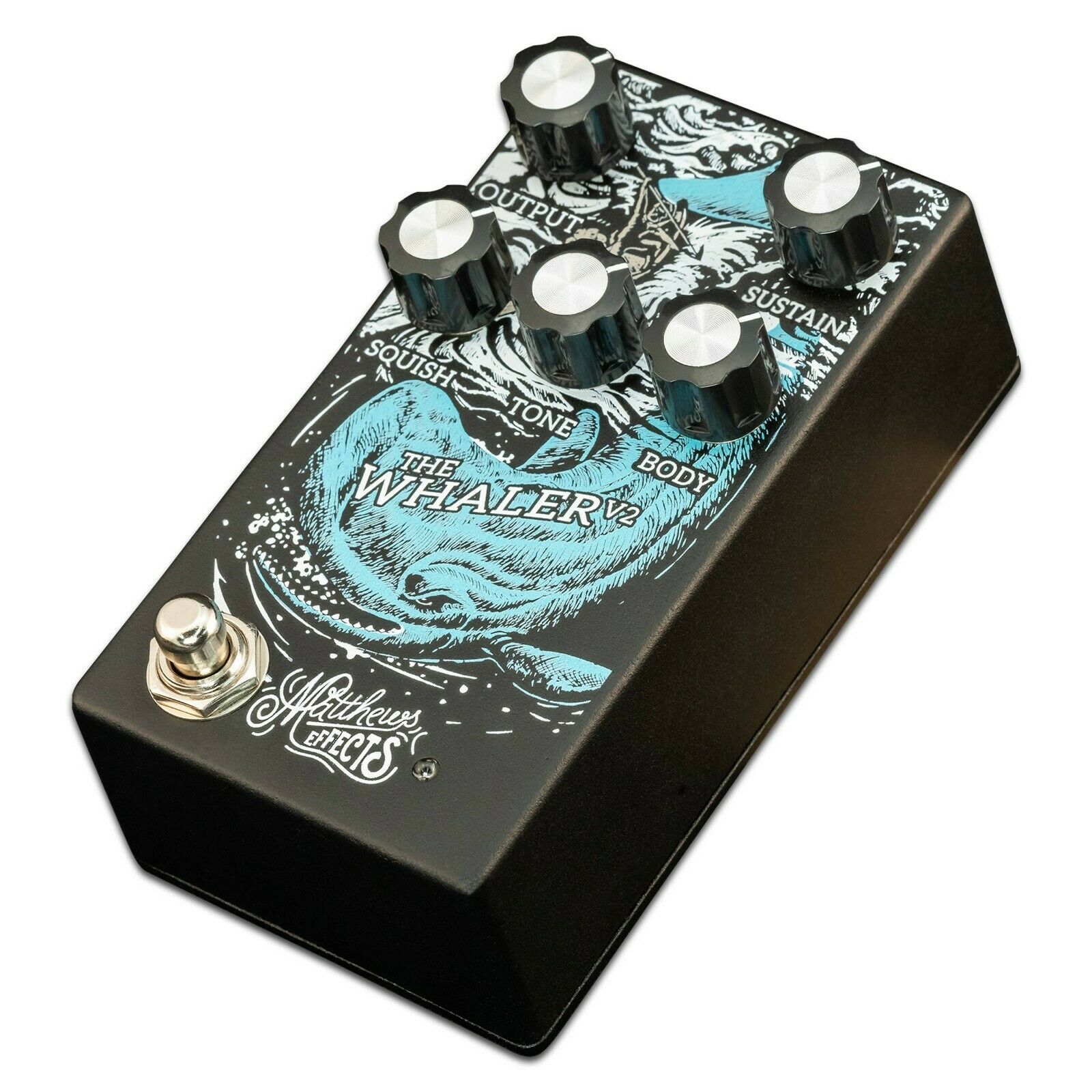 Matthews Effects Whaler V2 fuzz pedal — angled view of controls