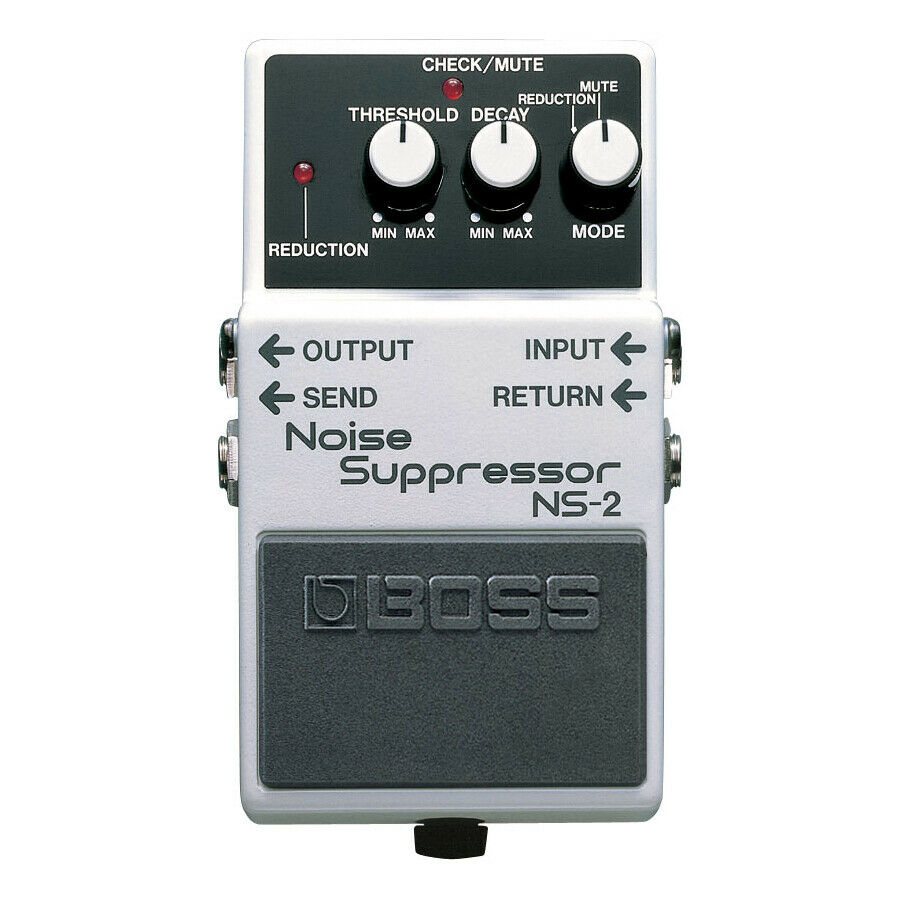 Boss NS-2 Noise Suppressor top panel with Threshold, Decay and Mode knobs